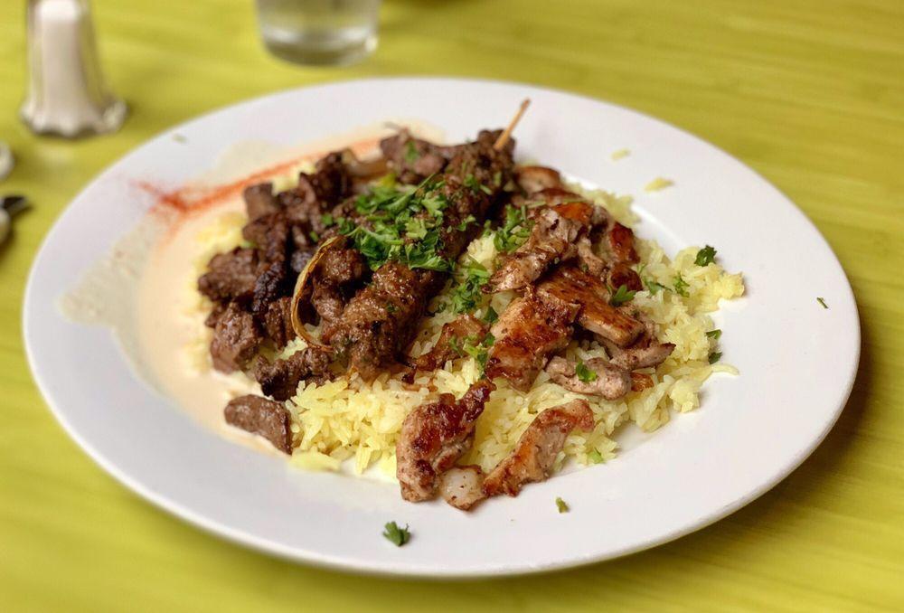 Meat Combo · Lamb, chicken and kafta (ground beef, parsley, onions and traditional spices) with special flavored rice and tahini. Served with fresh pita bread.