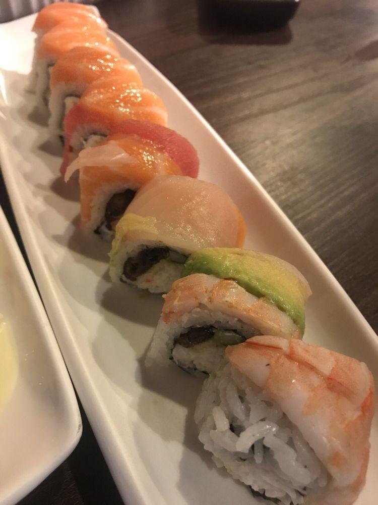 Rainbow Roll · Base: California roll. Top: tuna, salmon, snapper, albacore shrimp and avocado.