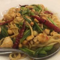 Kung Pao Spaghetti · With garlic, scallions, peanuts and hot red chilies.