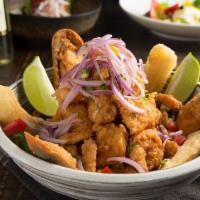 Jalea Mixta · Battered seafood mix, served with fried yucca and Peruvian salsa criolla. House fish, corvin...