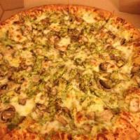 Pesto Pizza · Pesto sauce, pesto chicken and fresh mushrooms.