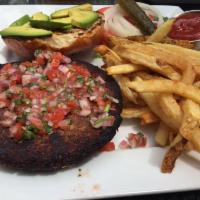 Black Bean Burger · Hand-formed ½-pound Black Bean Patty with Avocado, Chipotle aioli, Served with Mixed Greens ...