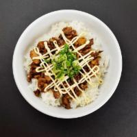 Grilled Pork Bowl · Grilled pork, green onion with sauce and mayonnaise.