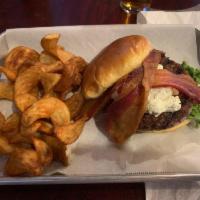 Black and Blue Burger · Blackened burger, blue cheese sauce, bacon, lettuce, tomato, red onion, and blue cheese crum...