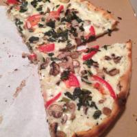 White Wonder Pizza · Spinach, mushrooms, onion, sliced tomatoes and ricotta.