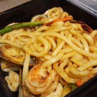 Spicy Seafood Udon Pasta · Shrimp, jumbo scallop, calamari, mussels, asparagus, udon noodles.