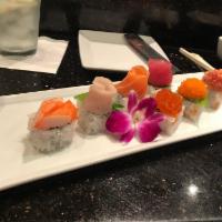 Kabuki Roll · Spicy crunch roll tuna, salmon, yellowtail, spicy albacore, spicy tuna, smelt egg, salmon eg...