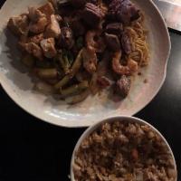 Hibachi Steak and Chicken · Served with Japanese onion soup, green salad, shrimp appetizer, hibachi vegetables, steamed ...