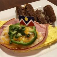 Denver Omelette · Named for the great city! Filled with ham, green peppers, onions, melted cheddar and scallio...