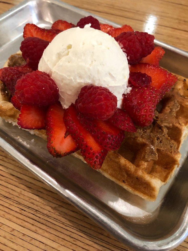 Red Wonder Waffle · Crunchy Biscoff, strawberries, raspberries and fresh whipped cream.