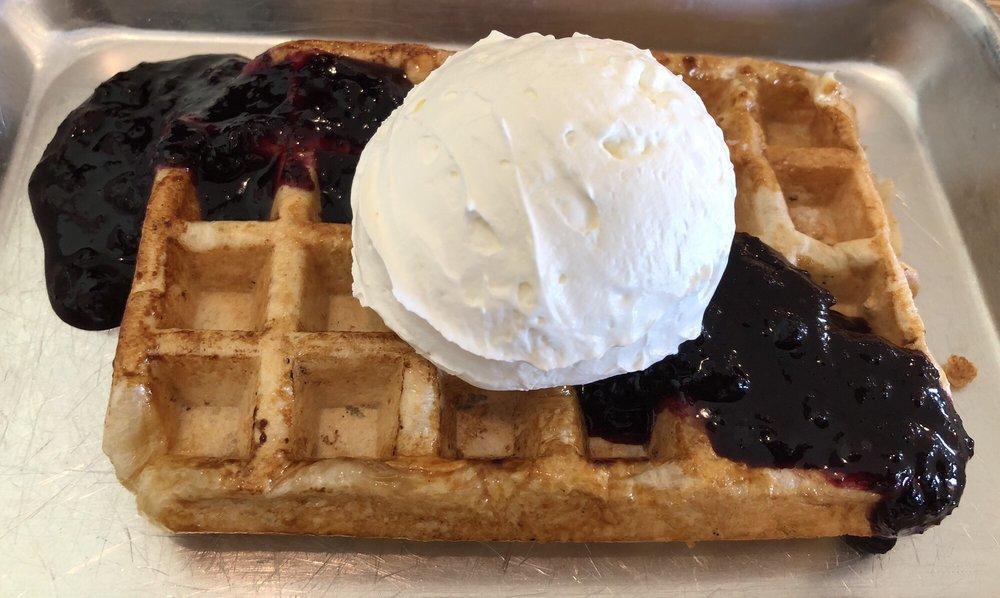 Boise Blue Waffle · From scratch blueberry lime jam and fresh whipped cream.