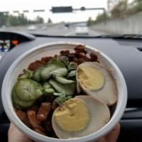 Braised Pork Over Rice Small Plate · Rice, braised pork in house sauce, soy braised egg, pickled cucumber.