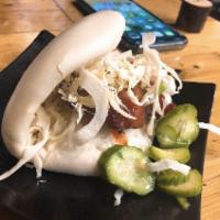 Char Siu Chicken Bao · Grilled chicken thigh, honey char-siu sauce, shredded cabbage, sweet pickled cucumbers.