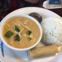Red Curry · Bamboo strips, squash, bell peppers, and basil leaves. Served with Jasmine rice and (1) Eggr...