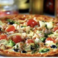 Garden Pizza · Onions, peppers, mushrooms, olives, broccoli, tomato, garlic, sauce and cheese.