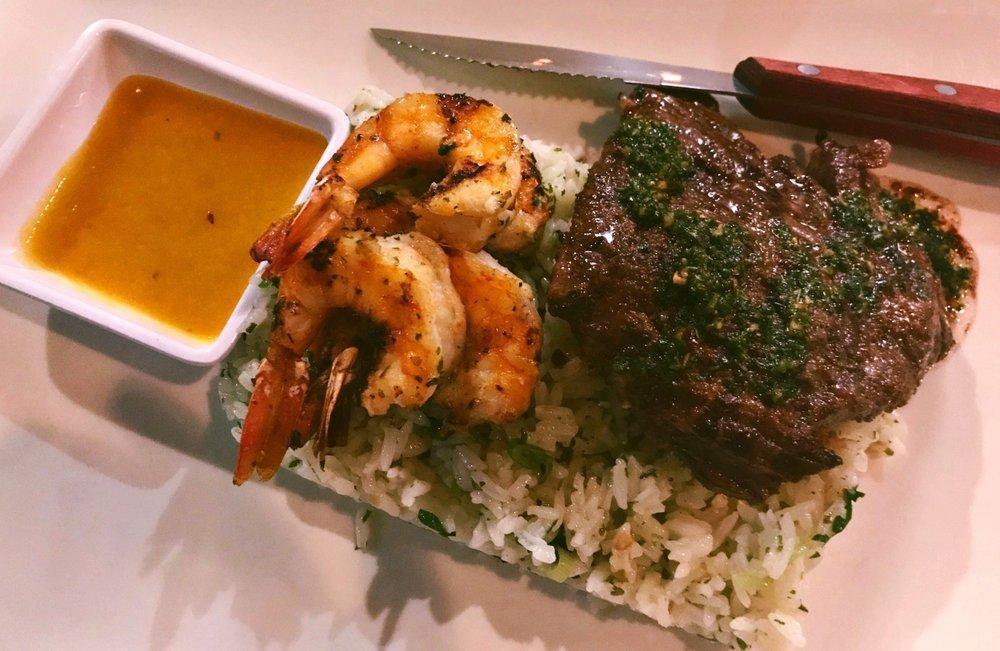 Mar & Tierra Havanero · Surf & Turf, 5 Grilled shrimps with (6oz) grilled skirt steak
served with cilantro sauce and mild mango hot sauce