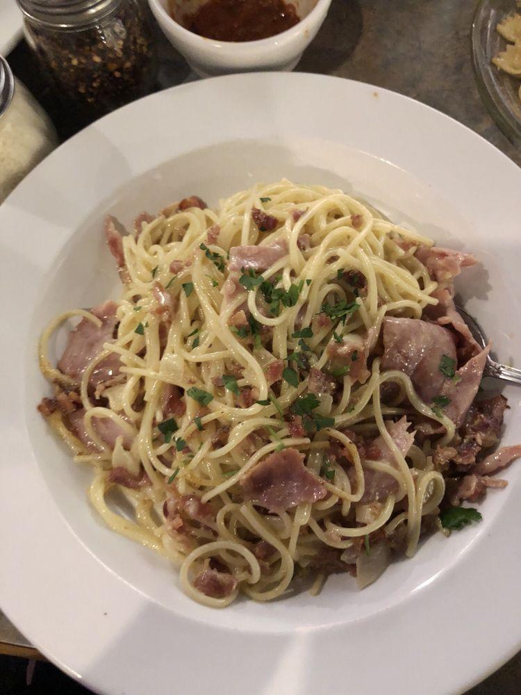 Carbonara Pasta · Bacon, ham, onions, extra virgin olive oil and eggs.