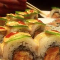 Hot and Hot Roll · Spicy tuna, spicy salmon and yellowtail inside, topped with yellowtail and jalapeno and serv...