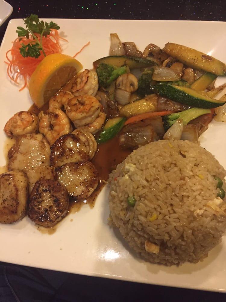 Hibachi Shrimp and Scallops Combo · 5 pieces of shrimp and 5 oz. scallops. Served with soup, salad, grilled vegetables, 2 pieces grilled shrimp, and steamed rice. 