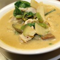 Green Curry · Gaeng kiaw wan. Perfect mixture of a variety of green herbs, green mild chilis, blended bay ...