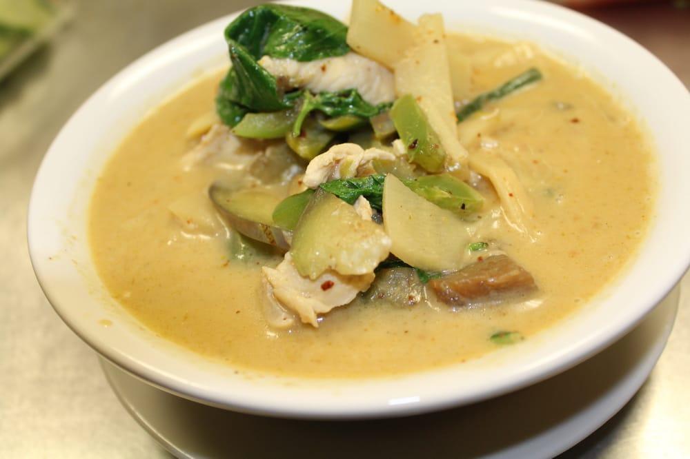 Green Curry · Gaeng kiaw wan. Perfect mixture of a variety of green herbs, green mild chilis, blended bay leaves, and coconut milk. This dish comes with bamboo shoots, eggplants, bell peppers, basil, and 12-hour broth.