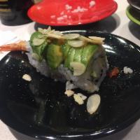 Dragon Roll · 8 pieces. Shrimp, tempura inside avocado, eel on top.
