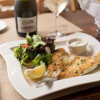 Branzino · Broiled butterfly branzino served with mixed greens and tartar sauce
