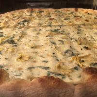 Artichoke Pizza · Artichoke Hearts, Spinach, Cream Sauce, Mozzarella and Pecorino Romano Cheese.