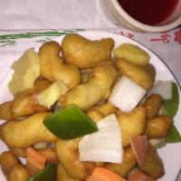 Sweet and Sour Chicken · Bell pepper, pineapple, onion, sweet and sour sauce on the side.