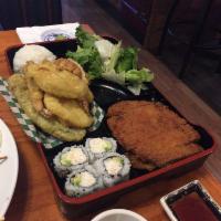 Chicken Katsu Bento Box · Served with salad, soup, tempura, gyoza California and rice.