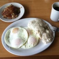 Country Breakfast · 2 eggs any style, hash browns, and homemade biscuit with sausage gravy.