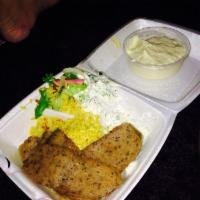 Gyro Plate Platter · Includes rice, hummus, side salad and pita bread.