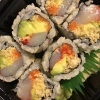 Spicy Scallop Roll · With avocado, tobiko and tempura crunch and scallion. 