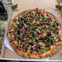 Hang Ten Pizza · Rounding to your top 10 favorites: pepperoni, sausage, meatballs, mushrooms, onions, green p...