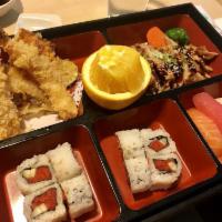 Banya Bento · Tempura, chicken teriyaki, spicy tuna roll and 3 pieces sushi.