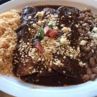 Enchilada Plate · 3 enchiladas with choice of 1 filling beef, chicken, cheese or vegetarian, queso fresco, sou...