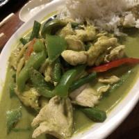 Green Curry · Your choice of meat cooked with basil leaves, bell pepper, Thai eggplant,  and bamboo shoot ...