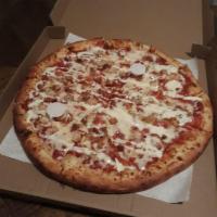 BBQ Chicken Pizza · BBQ sauce, chicken, bacon, and onion