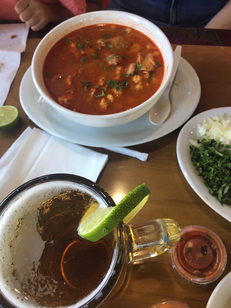 Pozole · Served with hominy, pork meat, garnished, onions, cabbage, radish, tortillas.