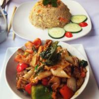 Drunken Noodle · Choice of beef, chicken or pork, shrimp or seafood for an additional charge. Stir-fried with...
