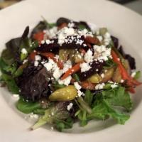 Bello Salad · Baby spinach, roasted portobello, roasted artichokes, roasted peppers and goat cheese.