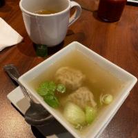 Wonton Soup · Shrimp and pork dumplings in clear chicken broth soup.