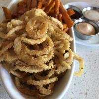 Fried Onion Strings · Hickory BBQ and buttermilk ranch.