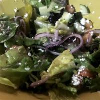 Greek Salad · Mixed greens and romaine, red onions, Kalamata olives, tomatoes, pepper cucumber, feta chees...