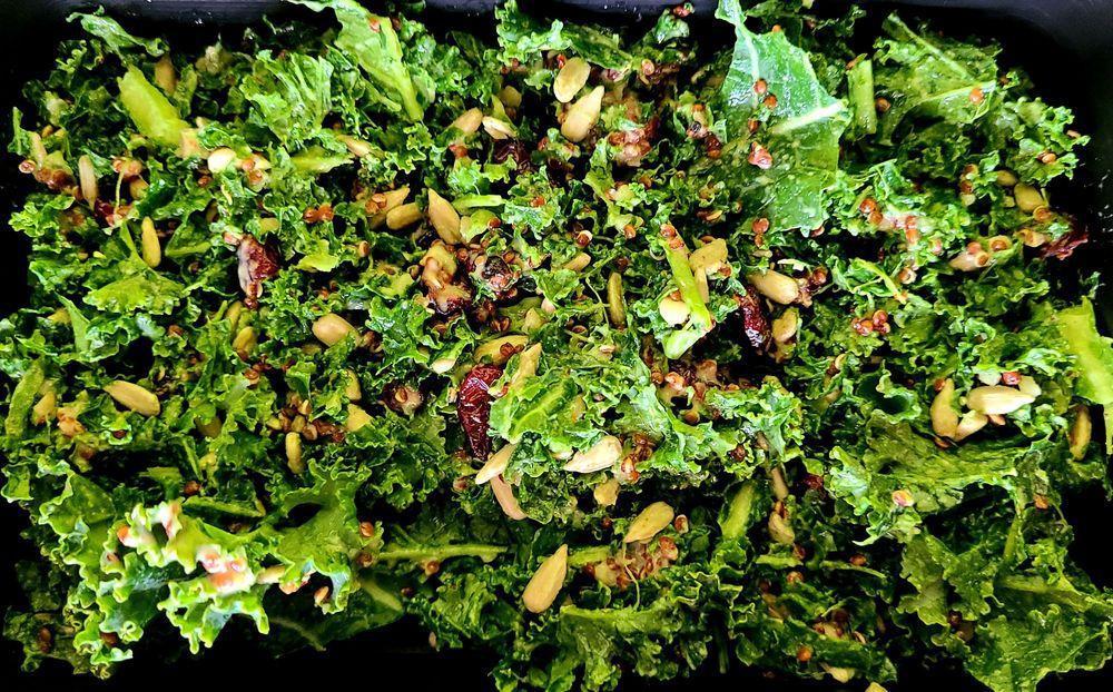 Kale Salad · Shareef’s kale blend, mixed with quinoa, house vinaigrette, grapes, and sunflower seeds. Add protein for an additional charge.