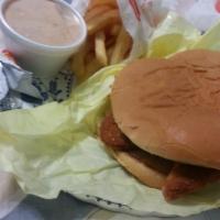 Fried Chicken Sandwich · Fried chicken patty with thousand island dressing, Mayo, lettuce tomatoes on hamburger bun