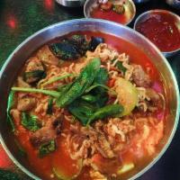 Hangover Ramen · Korean instant noodles, squash, shiitake mushroom, carrot, onion, scallion, egg, spinach in ...