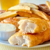 Fish and Chips · Beer battered cod fillets, french fries and a side of tartar sauce.