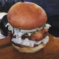 Diablo Sliders · Fried chicken topped with mashed potatoes, dill slaw and served with fries and side of Diabl...