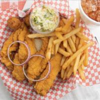 Mississippi Delta Farm Raised Catfish Plate · 4 catfish tenders, slaw, fries, 2 hush puppies and tartar sauce. 